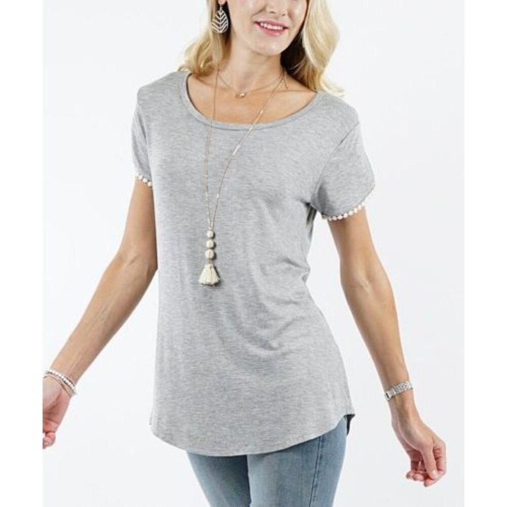 42POPS | Gray Pom-Pom Tulip-Sleeve Top - Plus 3X round neck